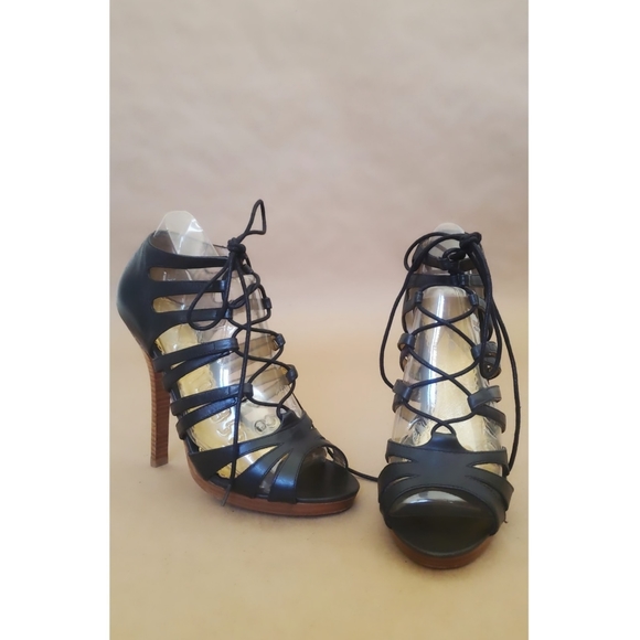 bebe Black Leather Lace-up Heels - Picture 1 of 6